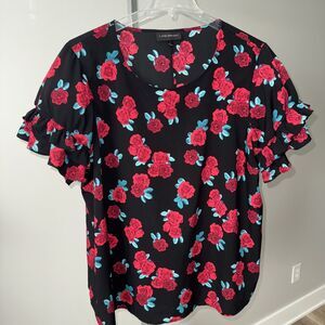 Lane Bryant Top Blouse Sz28 Black Red Roses Puff Ruffle Sleeves Romantic Comfort